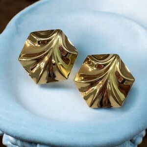 Art Deco Style Fan Stud Earrings Gold Tone Metal